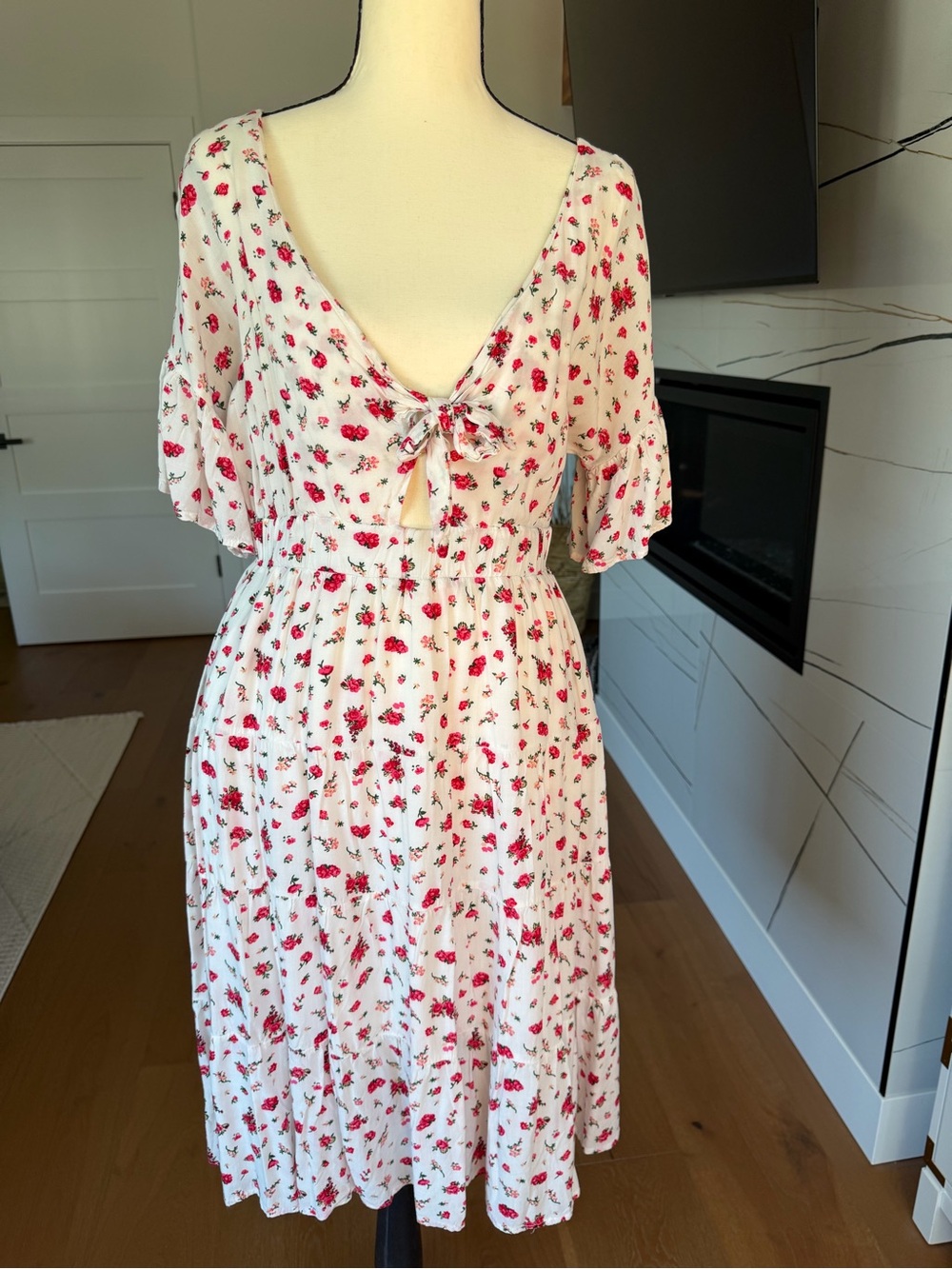 Tie-Front Midi Dress in White with Red Floral Print